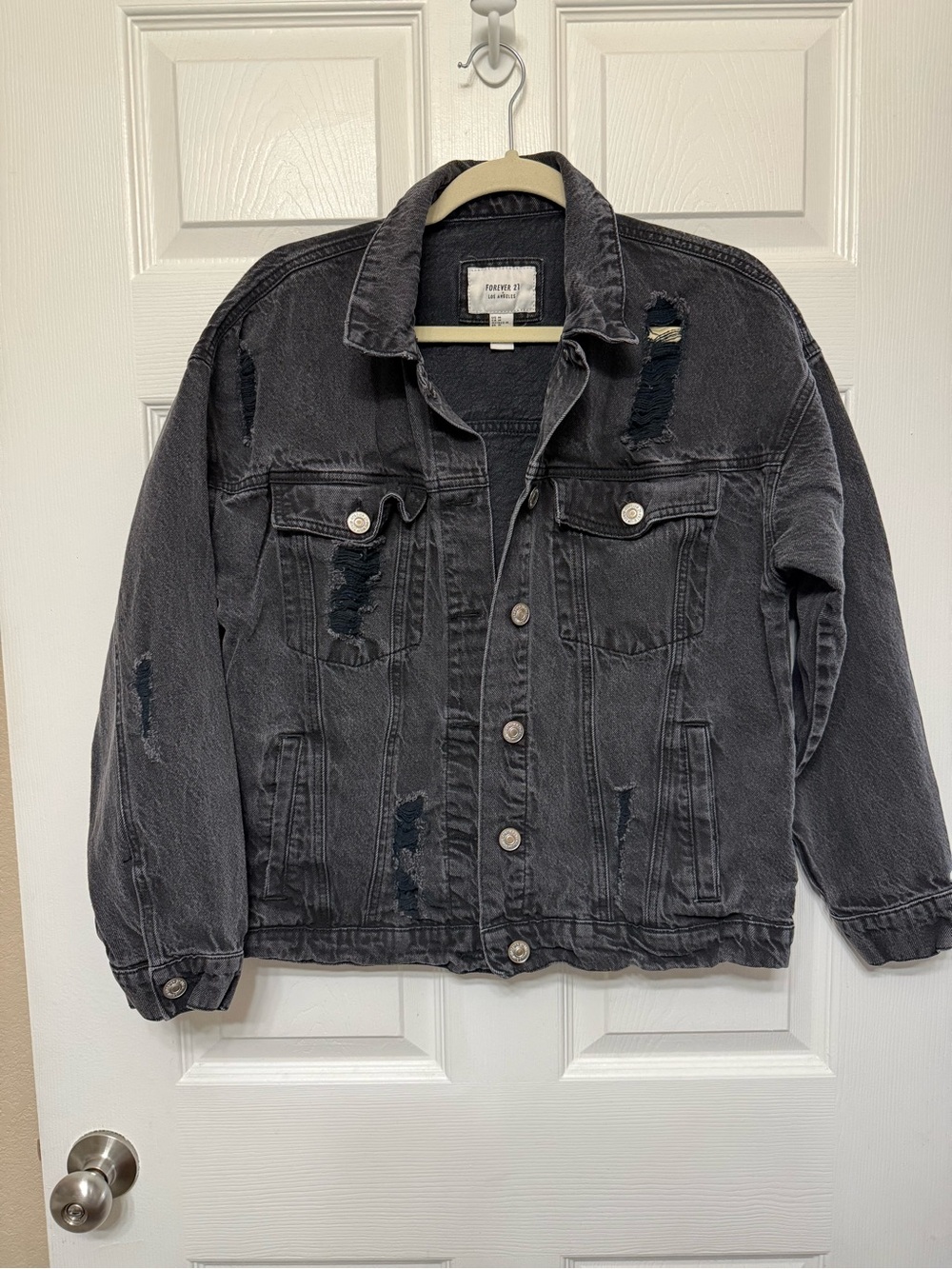 100% Cotton Distressed Black Denim Jean Jacket - with Pockets